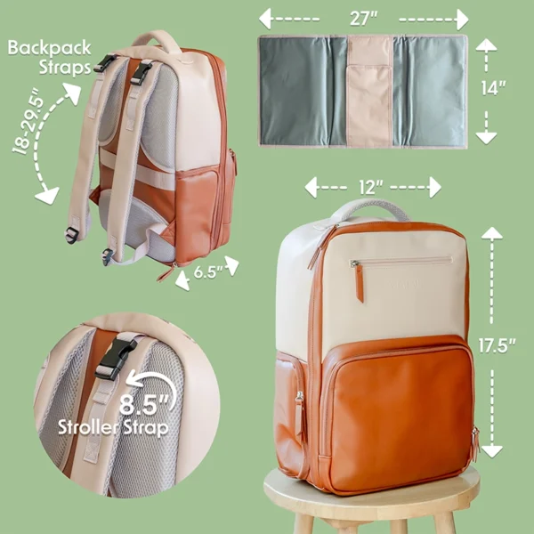 Tan and brown Mapaii backpack displayed with full measurements, adjustable backpack straps, stroller strap, and included changing pad dimensions