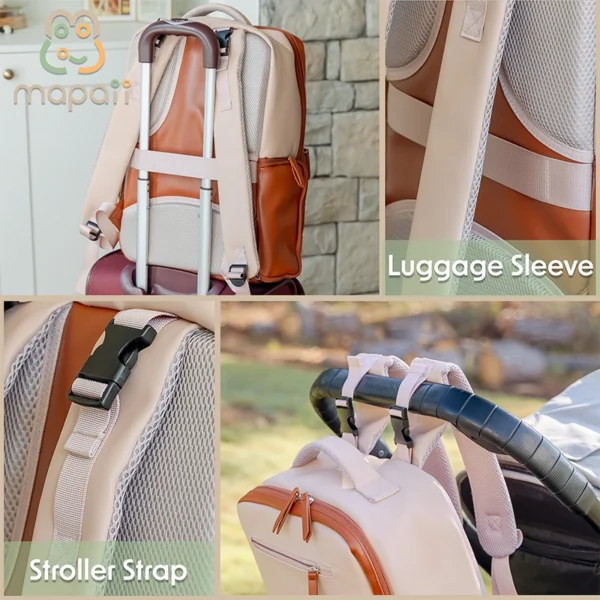 Tan and brown Mapaii backpack displayed with luggage sleeve and stroller strap features for convenient travel and hands-free use