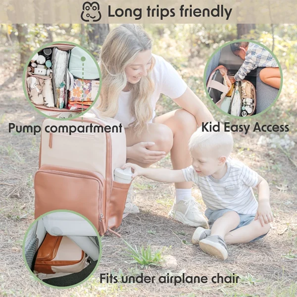 Mom and toddler using a tan and cream Mapaii diaper backpack outdoors, highlighting features like pump compartment, kid access, and airplane fit