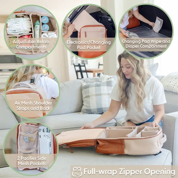 Woman showcasing tan Mapaii backpack's open interior with adjustable compartments, mesh pockets, changing pad pocket, and air mesh back for comfort
