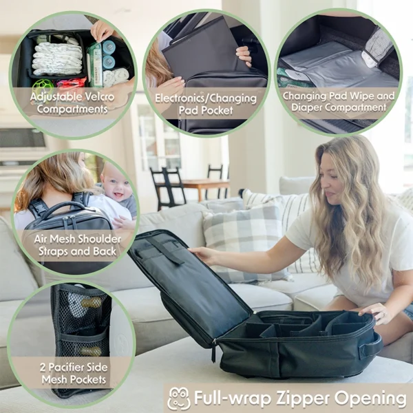 Mother opening a diaper backpack with labeled compartments including adjustable velcro dividers, changing pad pocket, mesh shoulder straps, pacifier pockets, and a full-wrap zipper design.