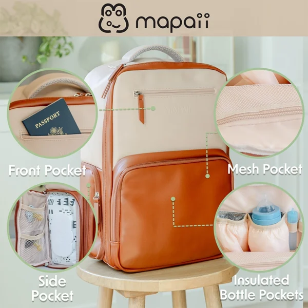 Tan and white Mapaii backpack highlighting front pocket with passport, mesh interior pocket, side pocket with wipes, and insulated bottle pockets